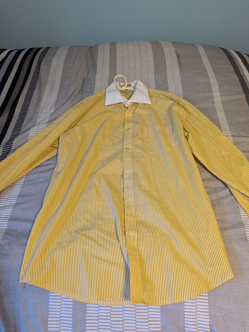 Men's Yellow Stripe Button-Up Shirt with White Collar